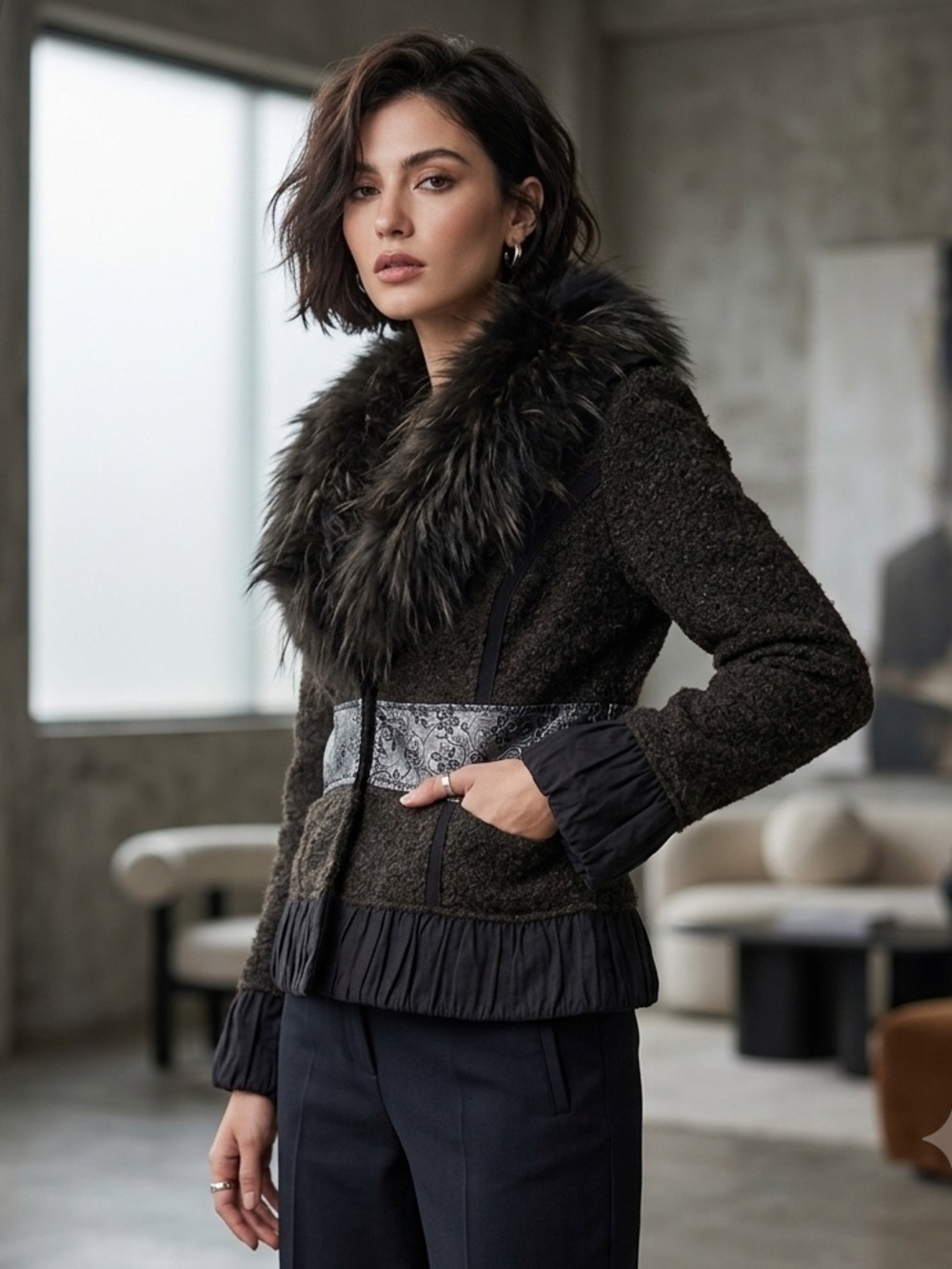 TIVOLI Limited Edition Whimsygoth Shrug Faux Fur Trim Boucle Coat Jacket Size M